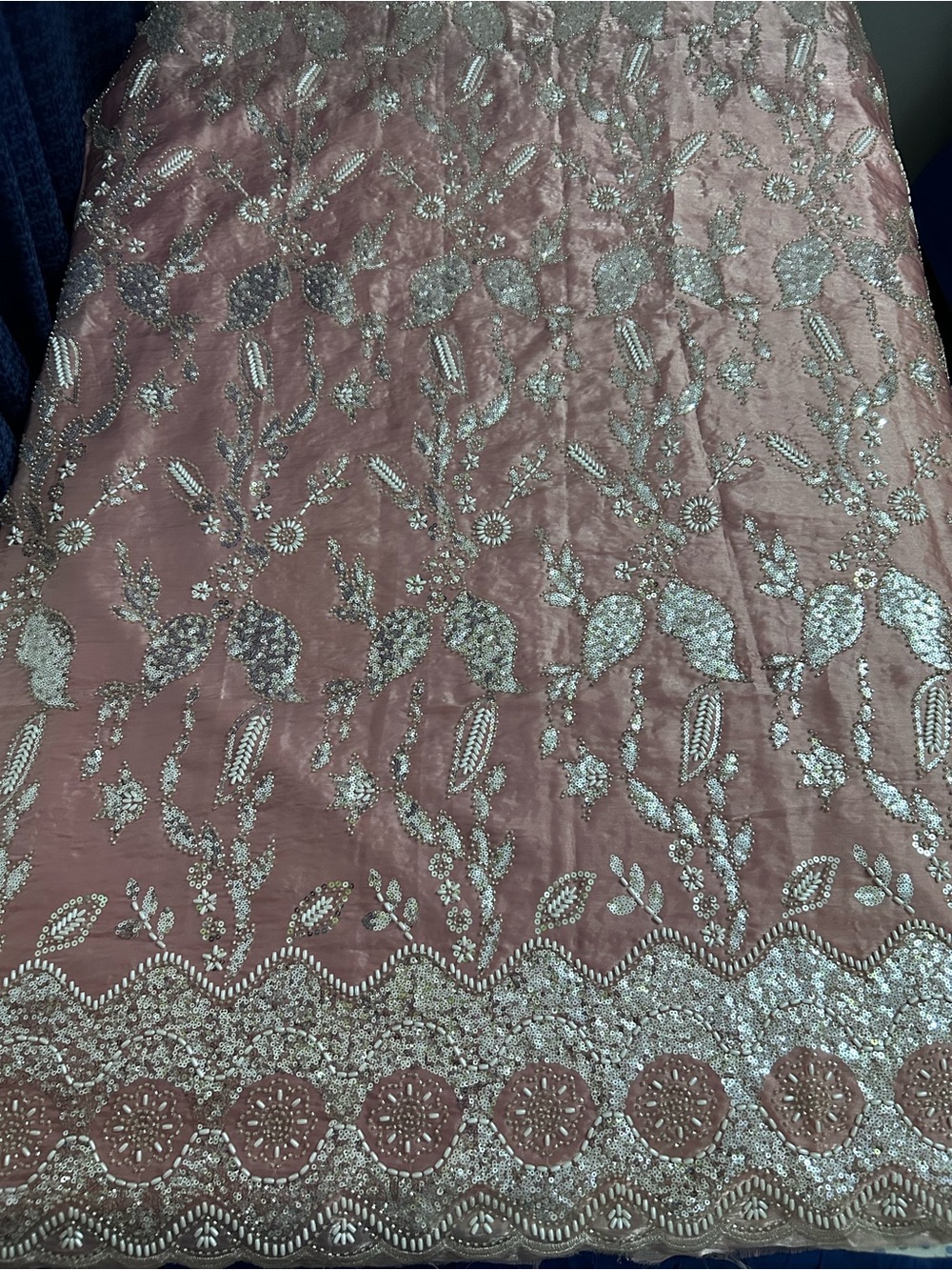Embroidered Dusty Rose Fabric for 3pc suit with silver, white and rose detail